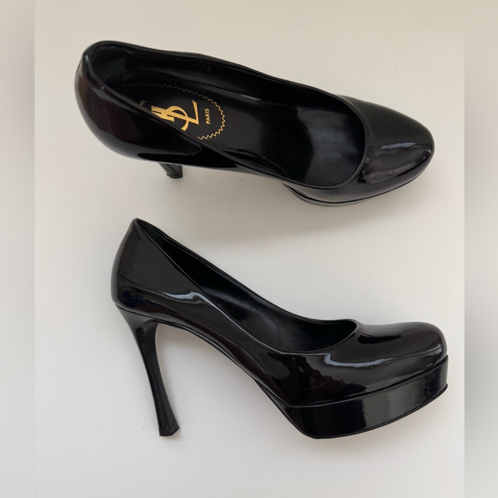 Yves Saint Laurent YSL Tribute Black Patent Leather Platform Heels Pumps 37.5 - Picture 3 of 12